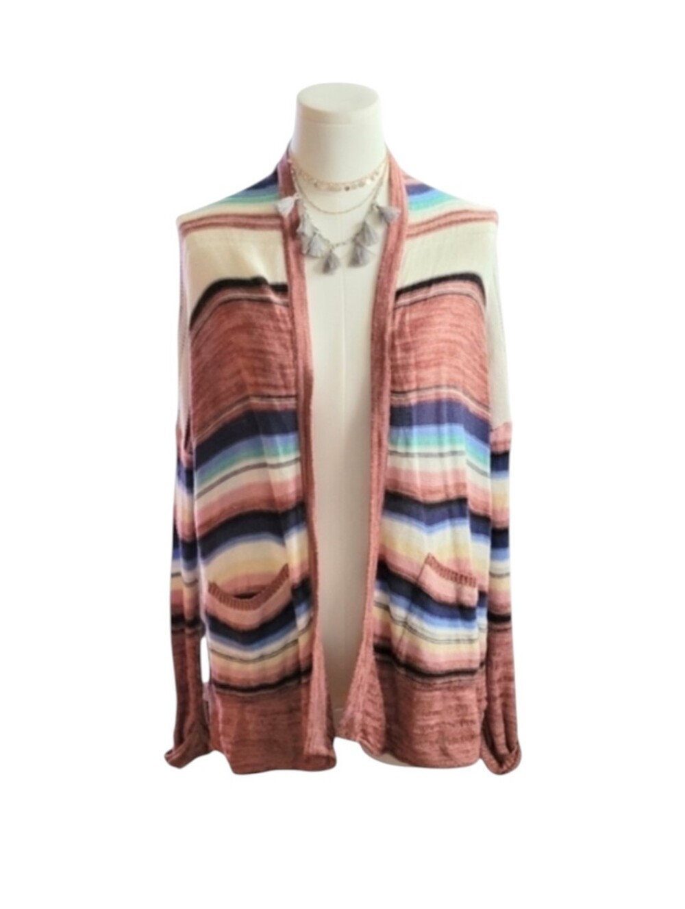 Billabong Vintage Striped Tan Blue Pink Multicolor Sweater Wrap Size Small